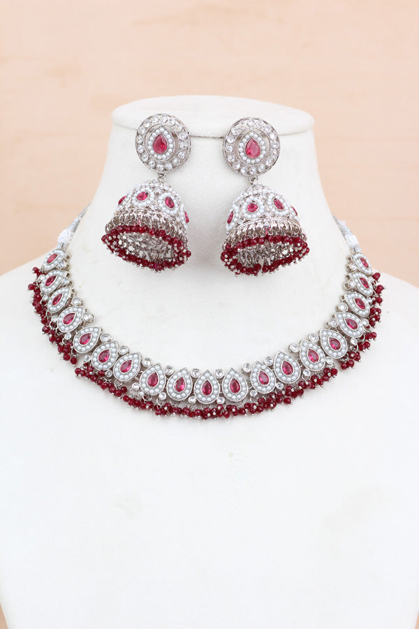 Maroon Small And Light Weight Polki Necklace Set In Maroon Colour Also With Jhumki Earrings And Tikka (NS011-M-Polki-B1)