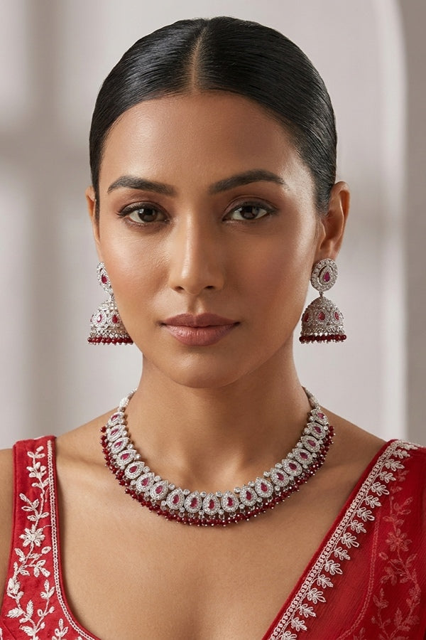 Maroon Small And Light Weight Polki Necklace Set In Maroon Colour Also With Jhumki Earrings And Tikka