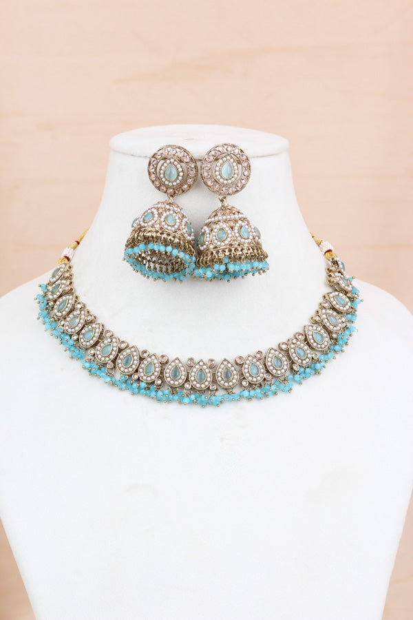 Sky Blue Small And Light Weight Polki Necklace Set In Sky Blue Colour Also With Jhumki Earrings And Tikka (NS011-SB-Polki-B1)
