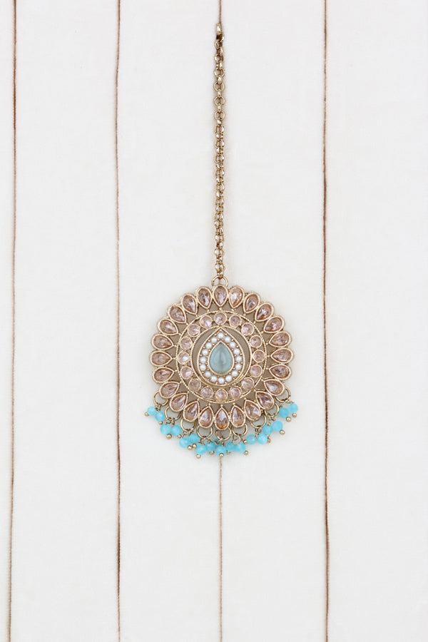 Sky Blue Small And Light Weight Polki Necklace Set In Sky Blue Colour Also With Jhumki Earrings And Tikka (NS011-SB-Polki-B1)