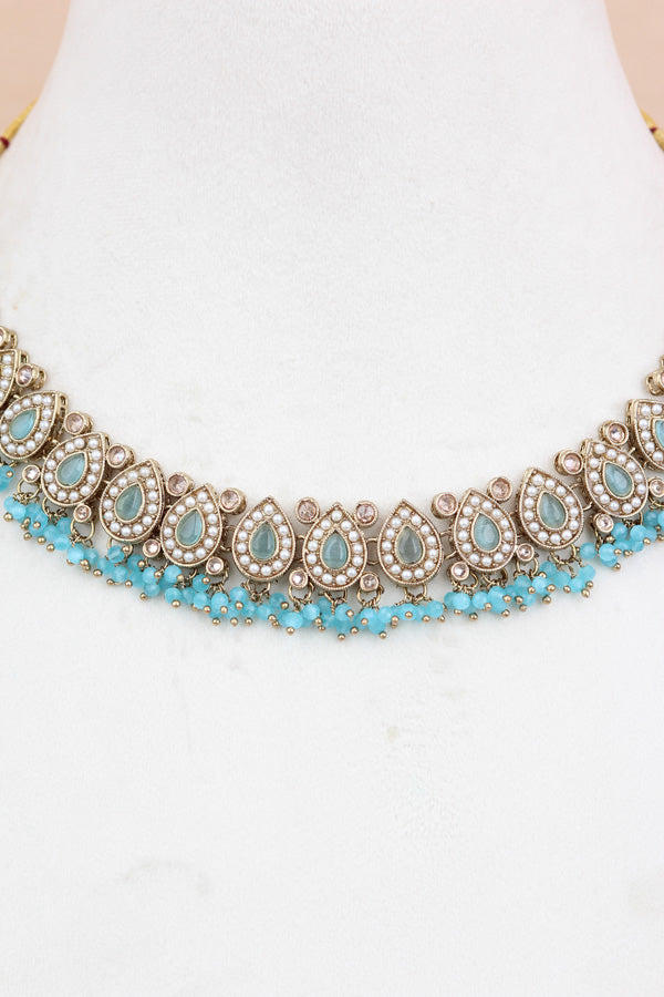 Sky Blue Small And Light Weight Polki Necklace Set In Sky Blue Colour Also With Jhumki Earrings And Tikka (NS011-SB-Polki-B1)