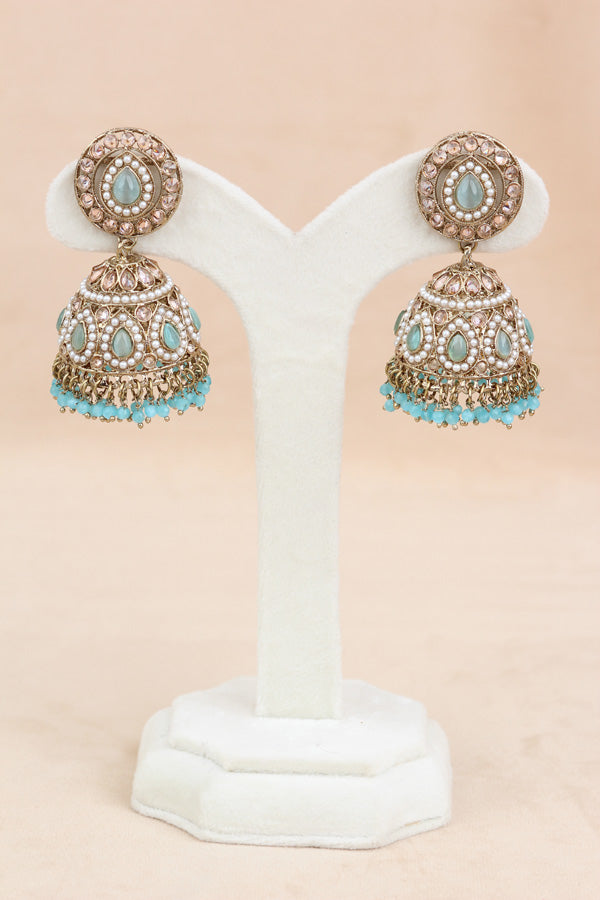 Sky Blue Small And Light Weight Polki Necklace Set In Sky Blue Colour Also With Jhumki Earrings And Tikka (NS011-SB-Polki-B1)