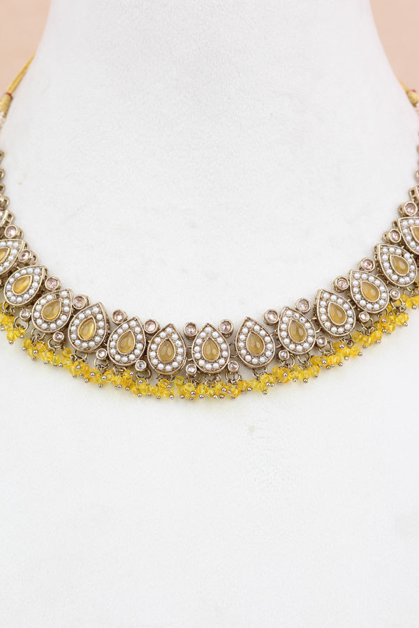 Yellow Small And Light Weight Polki Necklace Set In Yellow Colour Also With Jhumki Earrings And Tikka (NS011-Y-g-Polki-B1)