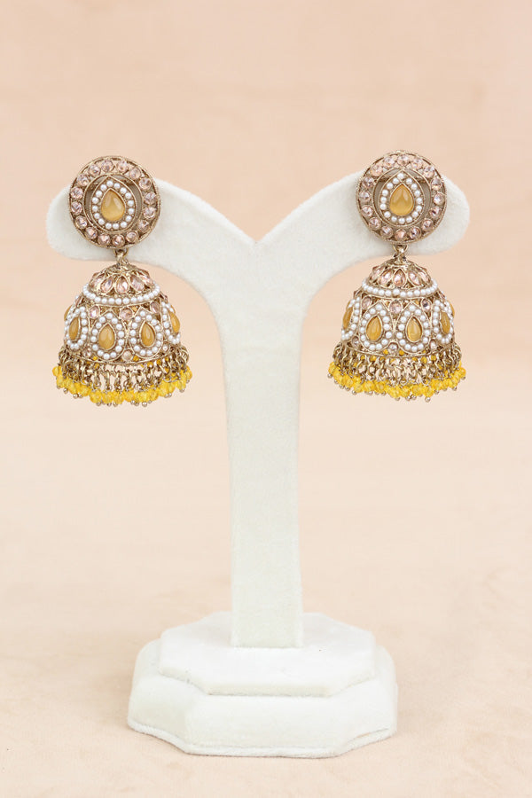 Yellow Small And Light Weight Polki Necklace Set In Yellow Colour Also With Jhumki Earrings And Tikka (NS011-Y-g-Polki-B1)
