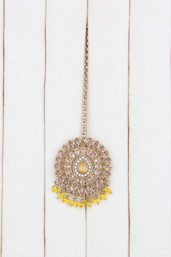 Yellow Small And Light Weight Polki Necklace Set In Yellow Colour Also With Jhumki Earrings And Tikka (NS011-Y-g-Polki-B1)