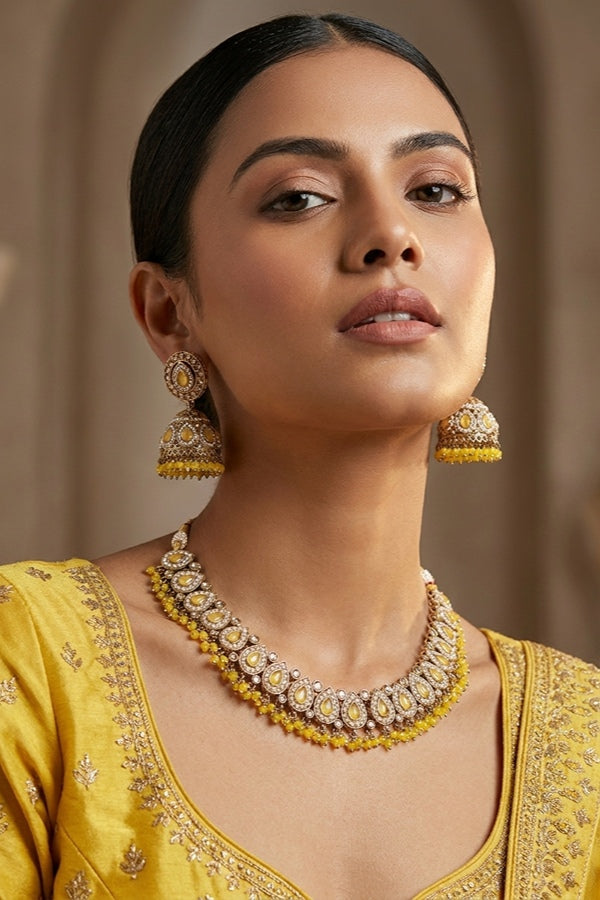 Yellow Small And Light Weight Polki Necklace Set In Yellow Colour Also With Jhumki Earrings And Tikka