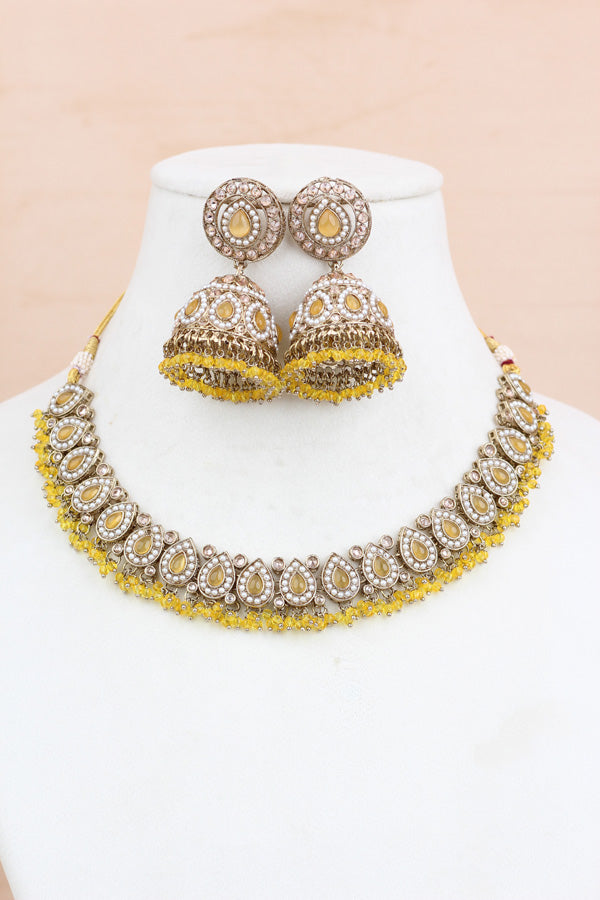 Yellow Small And Light Weight Polki Necklace Set In Yellow Colour Also With Jhumki Earrings And Tikka (NS011-Y-g-Polki-B1)