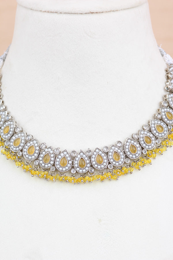 Yellow Small And Light Weight Polki Necklace Set In Yellow Colour Also With Jhumki Earrings And Tikka (NS011-Y-Polki-B1)