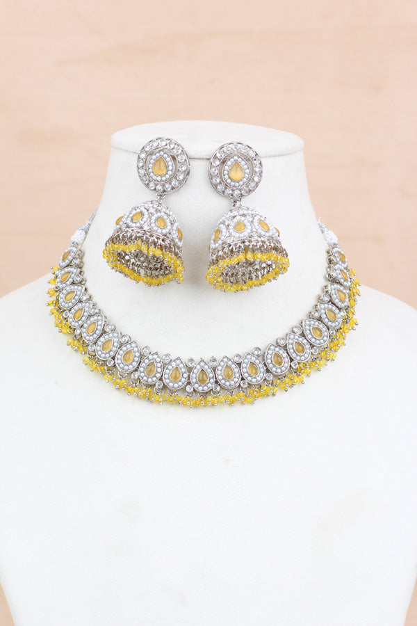 Yellow Small And Light Weight Polki Necklace Set In Yellow Colour Also With Jhumki Earrings And Tikka (NS011-Y-Polki-B1)