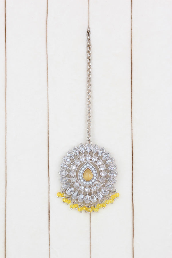 Yellow Small And Light Weight Polki Necklace Set In Yellow Colour Also With Jhumki Earrings And Tikka (NS011-Y-Polki-B1)