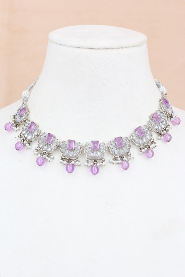 Lavender Small And Light Weight Polki Necklace Set With Pearls Attached with Matching Earrings And Tikka 