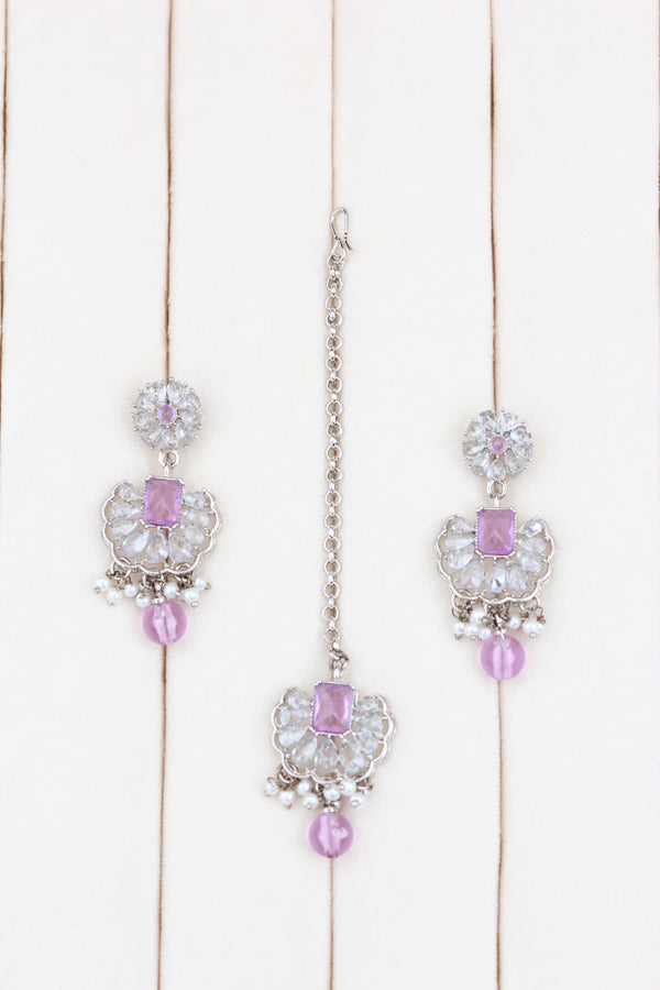 Lavender Small And Light Weight Polki Necklace Set With Pearls Attached with Matching Earrings And Tikka 