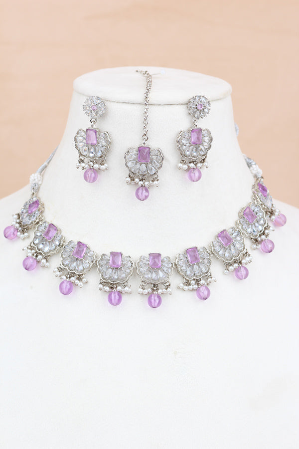 Lavender Small And Light Weight Polki Necklace Set With Pearls Attached with Matching Earrings And Tikka 