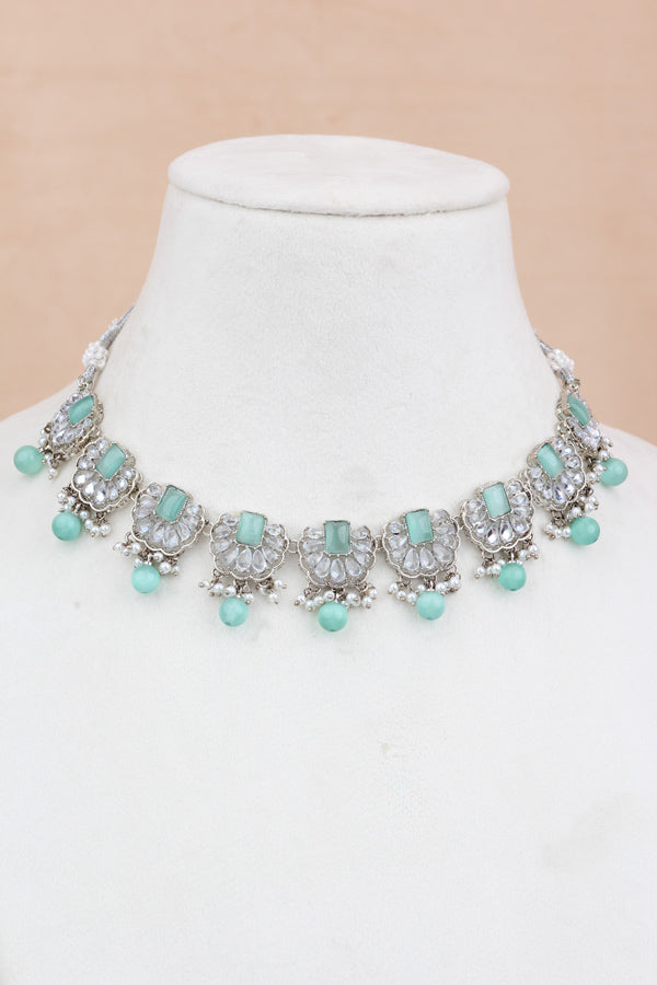Mint Green Small And Light Weight Polki Necklace Set With Pearls Attached with Matching Earrings And Tikka 