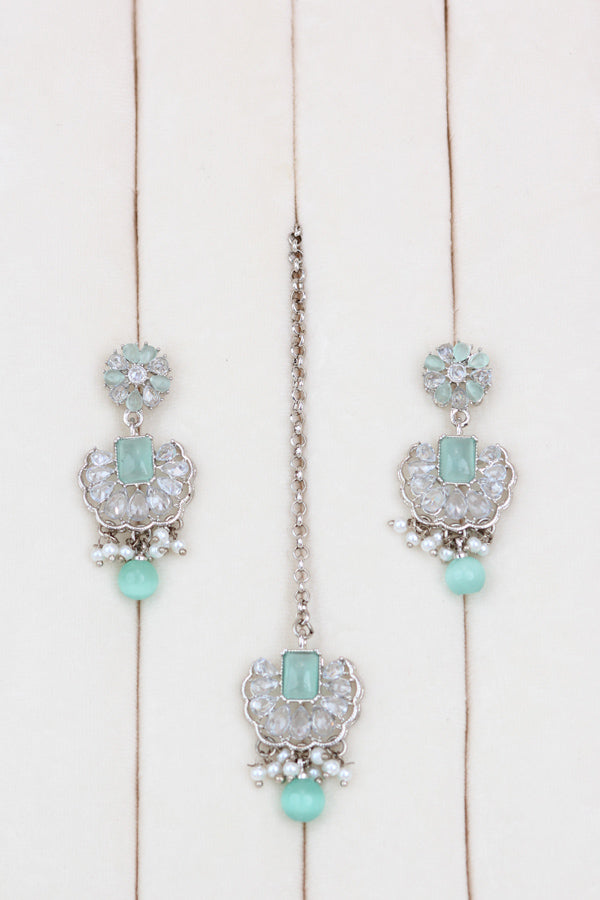 Mint Green Small And Light Weight Polki Necklace Set With Pearls Attached with Matching Earrings And Tikka 