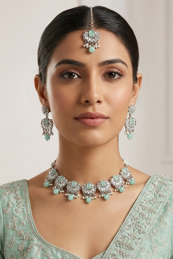 Mint Green Small And Light Weight Polki Necklace Set With Pearls Attached with Matching Earrings And Tikka 