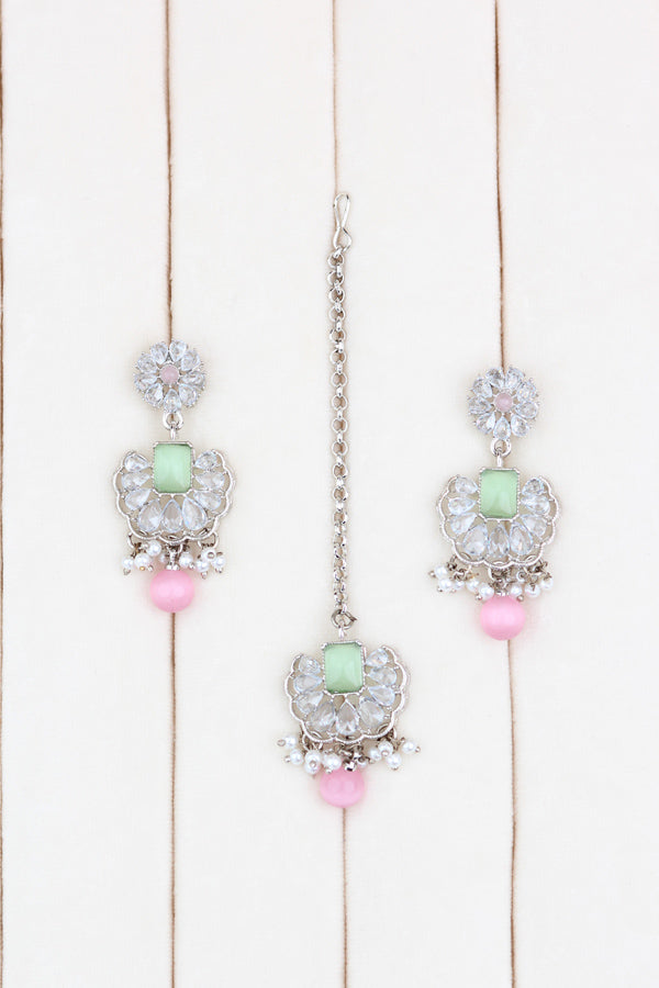 Multi Small And Light Weight Polki Necklace Set With Pearls Attached with Matching Earrings And Tikka 