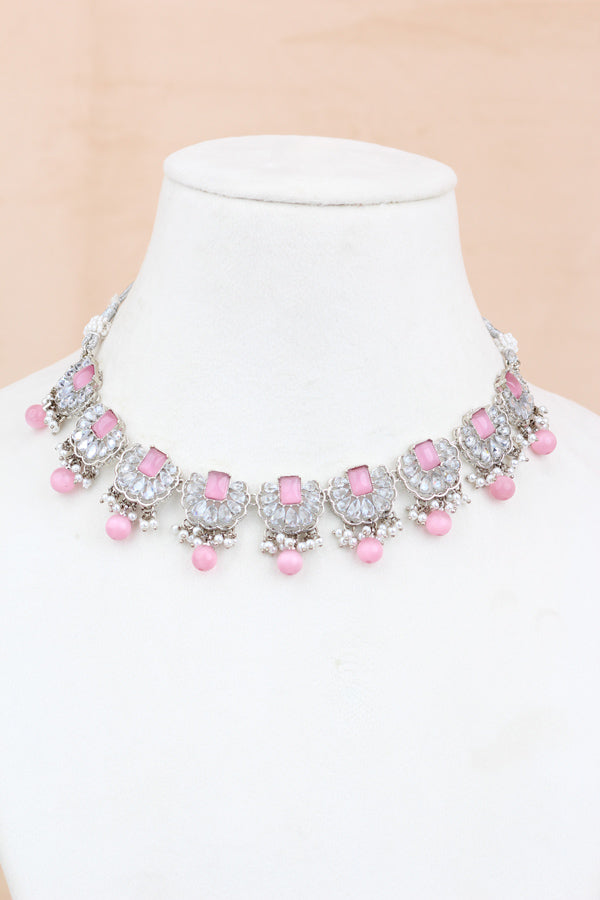 Pink Small And Light Weight Polki Necklace Set With Pearls Attached with Matching Earrings And Tikka 
