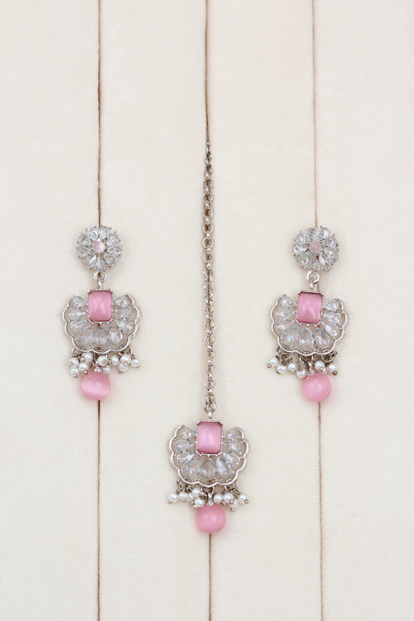 Pink Small And Light Weight Polki Necklace Set With Pearls Attached with Matching Earrings And Tikka 