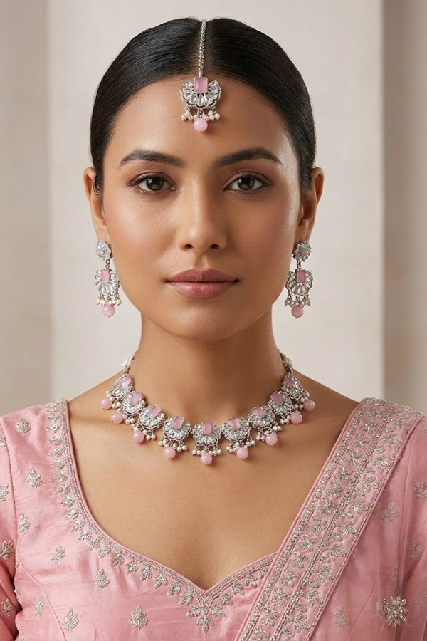 Pink Small And Light Weight Polki Necklace Set With Pearls Attached with Matching Earrings And Tikka 