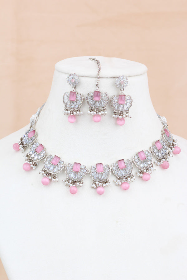 Pink Small And Light Weight Polki Necklace Set With Pearls Attached with Matching Earrings And Tikka 