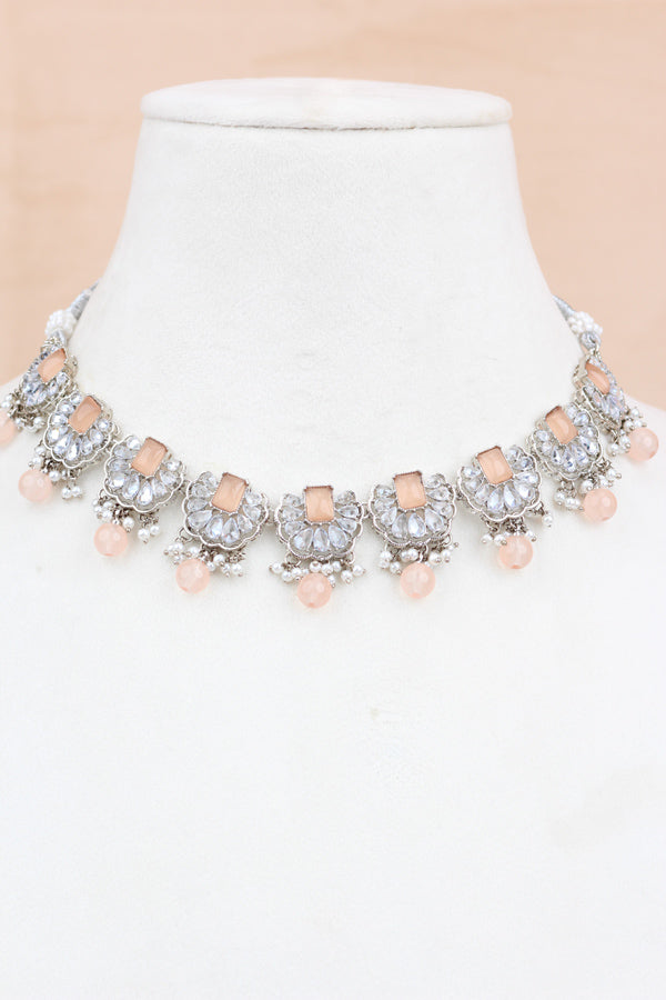 Peach Small And Light Weight Polki Necklace Set With Pearls Attached with Matching Earrings And Tikka 