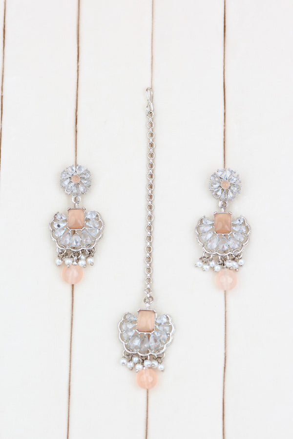 Peach Small And Light Weight Polki Necklace Set With Pearls Attached with Matching Earrings And Tikka 