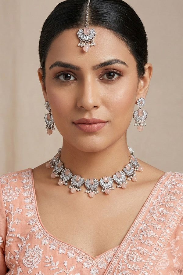 Peach Small And Light Weight Polki Necklace Set With Pearls Attached with Matching Earrings And Tikka 