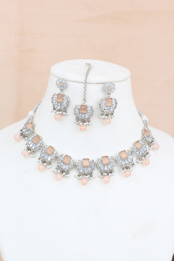 Peach Small And Light Weight Polki Necklace Set With Pearls Attached with Matching Earrings And Tikka 