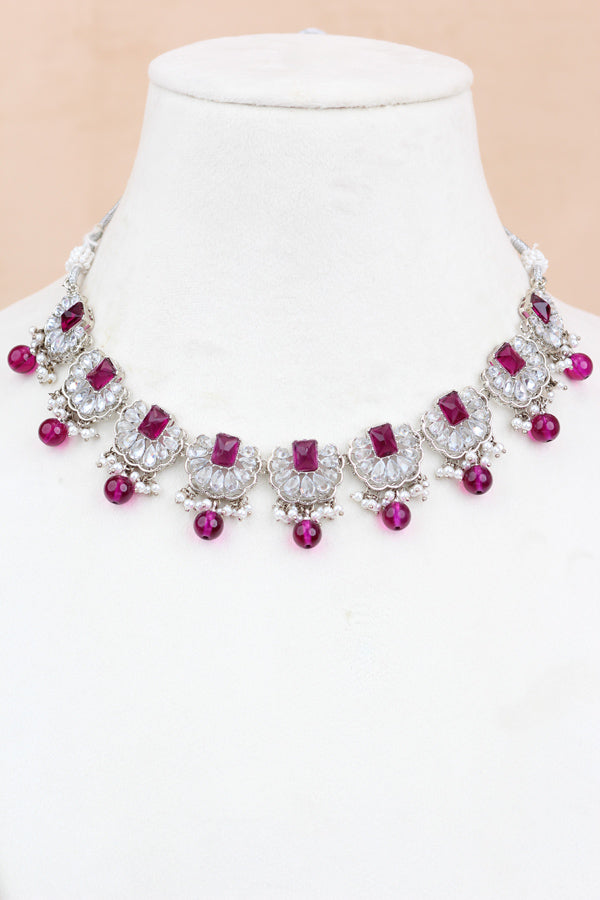 Purple Small And Light Weight Polki Necklace Set With Pearls Attached with Matching Earrings And Tikka 