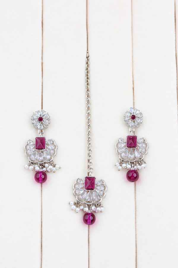 Purple Small And Light Weight Polki Necklace Set With Pearls Attached with Matching Earrings And Tikka 