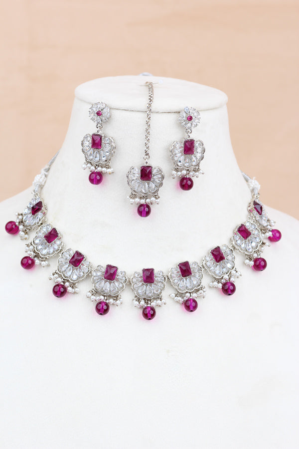 Purple Small And Light Weight Polki Necklace Set With Pearls Attached with Matching Earrings And Tikka 
