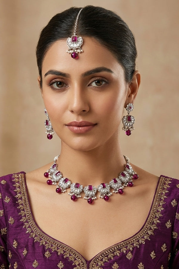 Purple Small And Light Weight Polki Necklace Set With Pearls Attached with Matching Earrings And Tikka 