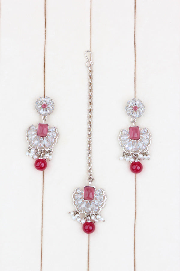 Ruby Red Small And Light Weight Polki Necklace Set With Pearls Attached with Matching Earrings And Tikka 