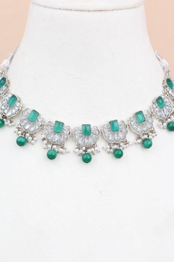 Turquoise Green Small And Light Weight Polki Necklace Set With Pearls Attached with Matching Earrings