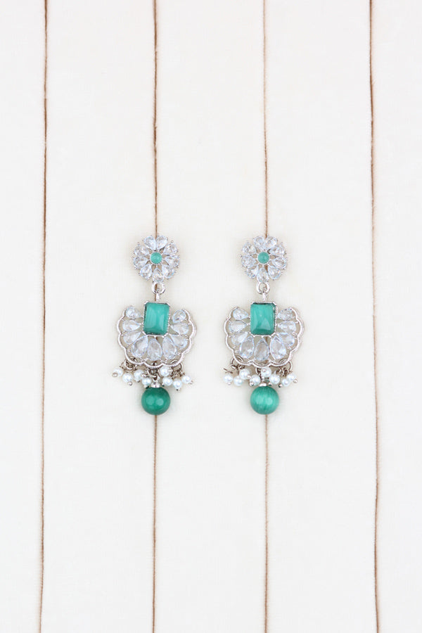 Turquoise Green Small And Light Weight Polki Necklace Set With Pearls Attached with Matching Earrings