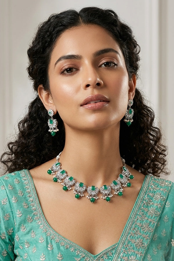 Turquoise Green Small And Light Weight Polki Necklace Set With Pearls Attached with Matching Earrings 
