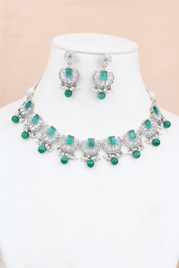 Turquoise Green Small And Light Weight Polki Necklace Set With Pearls Attached with Matching Earrings