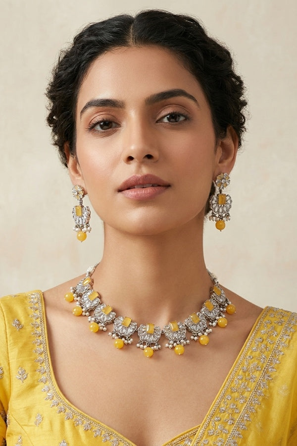 Yellow Small And Light Weight Polki Necklace Set With Pearls Attached with Matching Earrings 