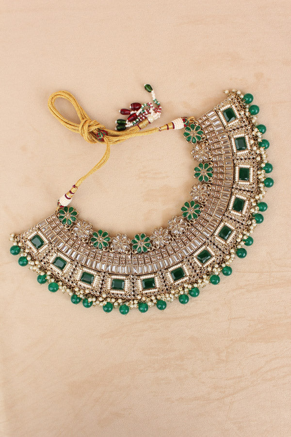 Green Necklace Set In Mehndi Polish With Polki Stones Pearls And Beads With Matching Earrings And Tikka (NS013-G-Polki)