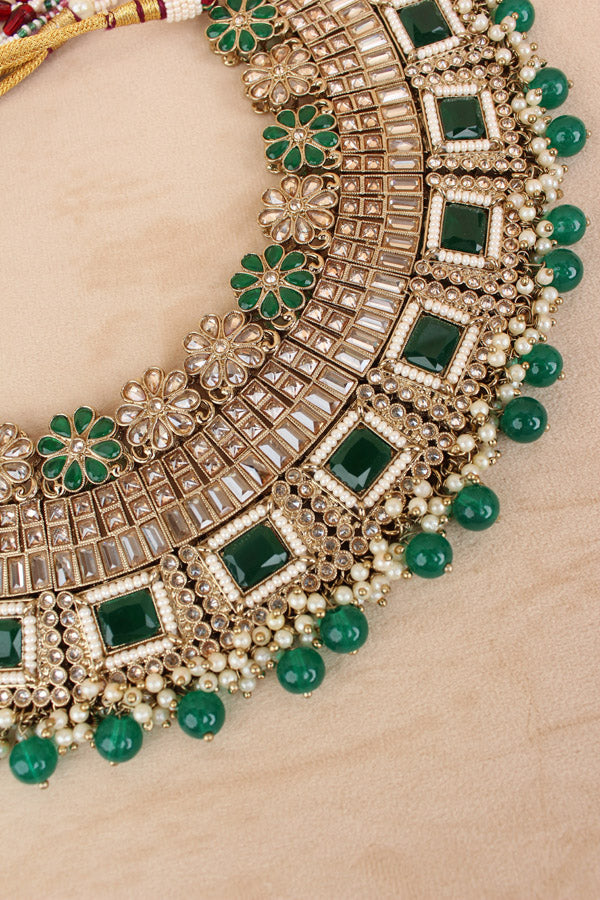 Green Necklace Set In Mehndi Polish With Polki Stones Pearls And Beads With Matching Earrings And Tikka (NS013-G-Polki)