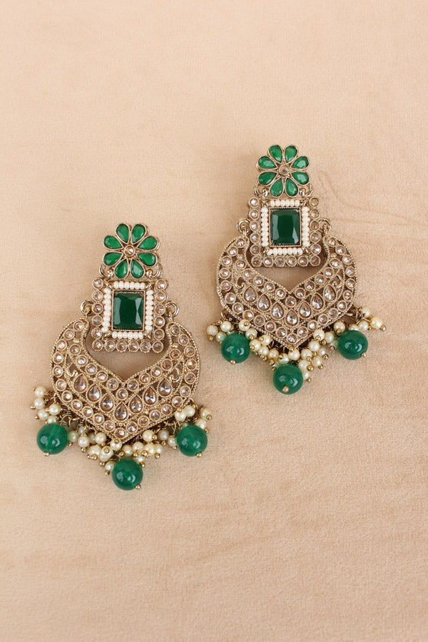 Green Necklace Set In Mehndi Polish With Polki Stones Pearls And Beads With Matching Earrings And Tikka (NS013-G-Polki)