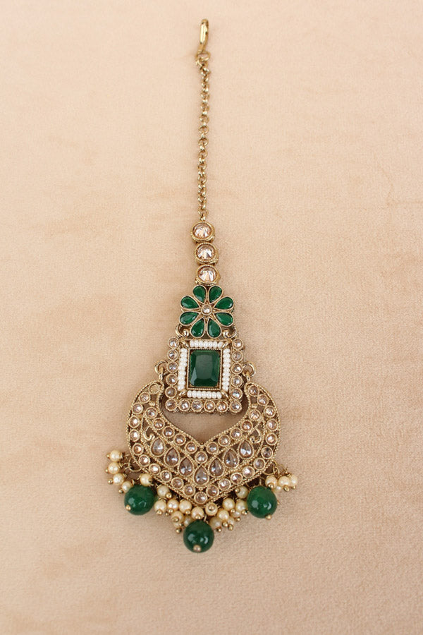 Green Necklace Set In Mehndi Polish With Polki Stones Pearls And Beads With Matching Earrings And Tikka (NS013-G-Polki)