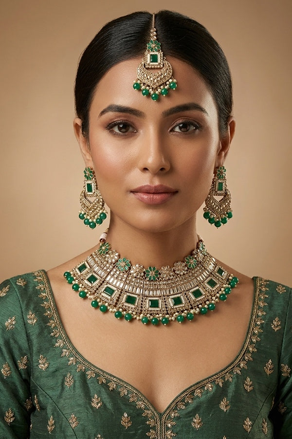 Green Necklace Set In Mehndi Polish With Polki Stones Pearls And Beads With Matching Earrings And Tikka 