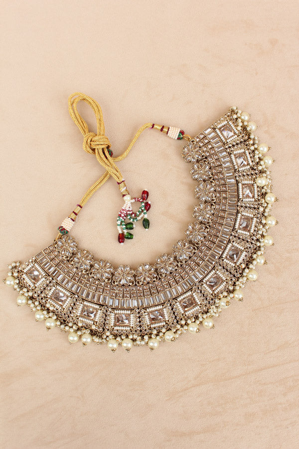 Golden Necklace Set In Mehndi Polish With Polki Stones Pearls And Beads With Matching Earrings And Tikka (NS013-GO-Polki)