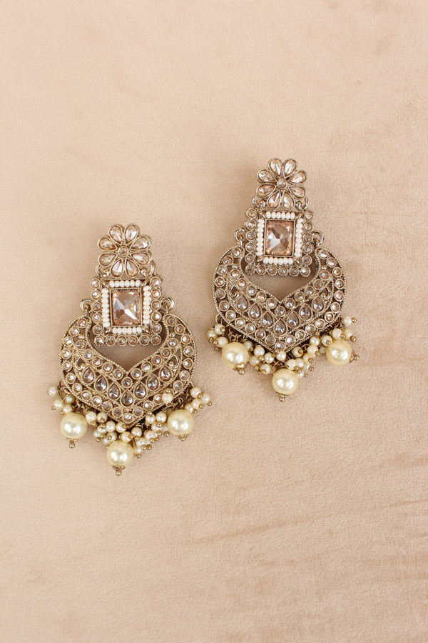 Golden Necklace Set In Mehndi Polish With Polki Stones Pearls And Beads With Matching Earrings And Tikka (NS013-GO-Polki)