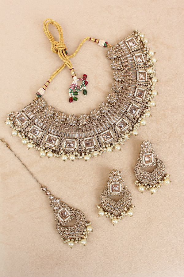 Golden Necklace Set In Mehndi Polish With Polki Stones Pearls And Beads With Matching Earrings And Tikka (NS013-GO-Polki)