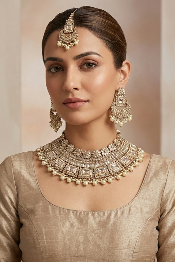 Golden Necklace Set In Mehndi Polish With Polki Stones Pearls And Beads With Matching Earrings And Tikka 