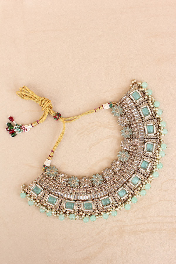 Light Green Necklace Set In Mehndi Polish With Polki Stones Pearls And Beads With Matching Earrings And Tikka (NS013-LG-Polki)