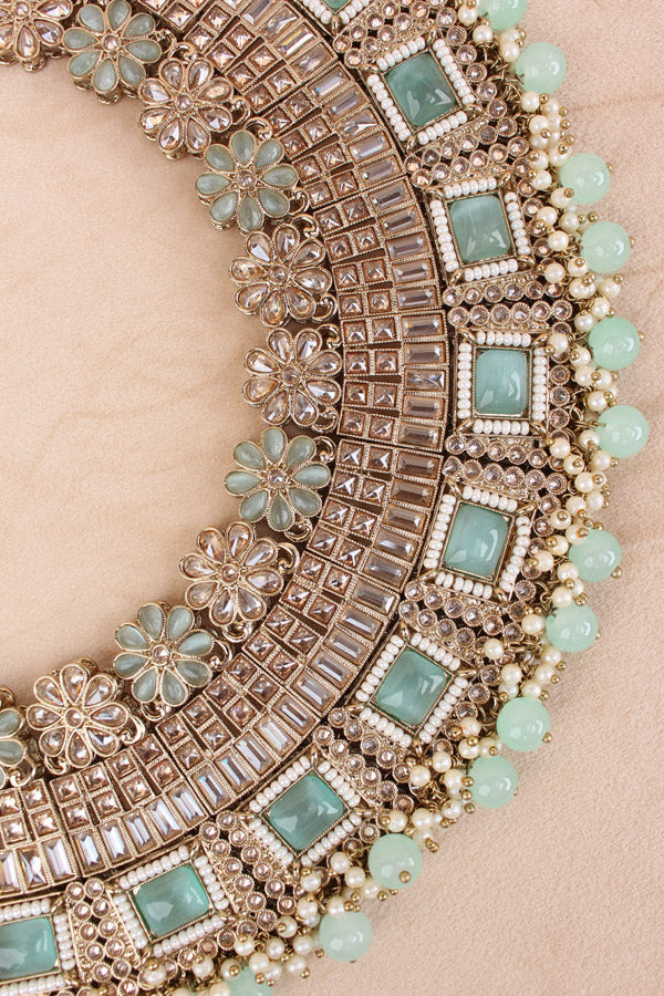 Light Green Necklace Set In Mehndi Polish With Polki Stones Pearls And Beads With Matching Earrings And Tikka (NS013-LG-Polki)